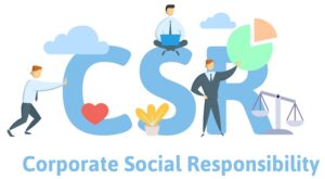 3 people with text corporate social responsibility